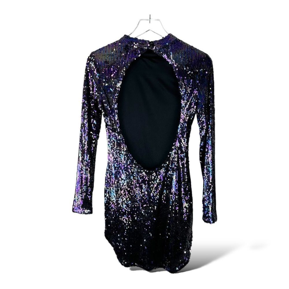 Fashion Nova Purple Sequin Long Sleeve‎ Dress Keyhole Back Sz S Missing Sequins
